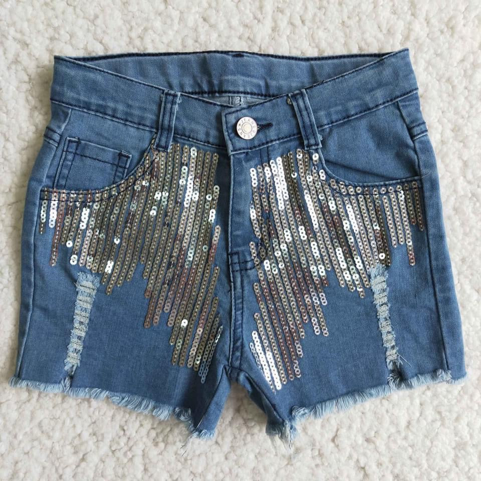 Blue Jean sequence Sparkle patch Jean shorts!- pants Only