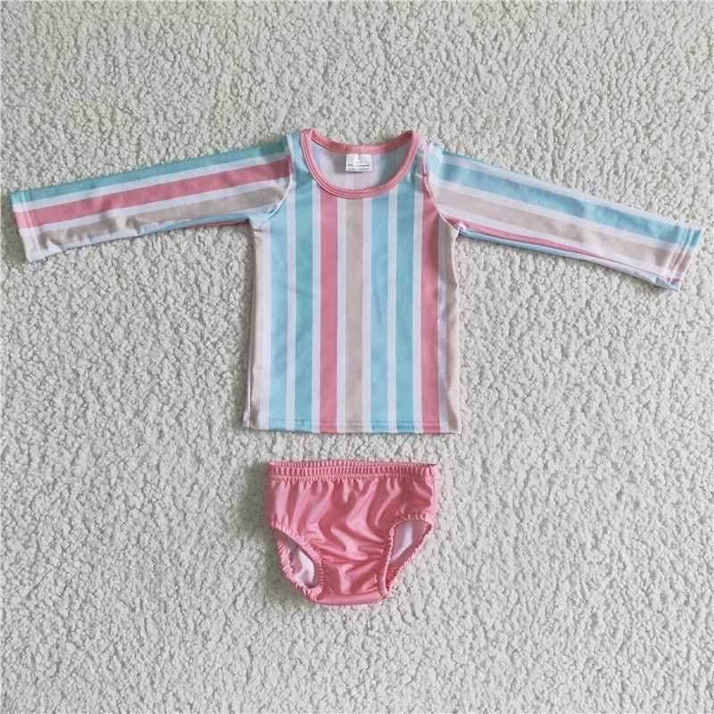 2pc pink Stripe Swim Suit - Girls