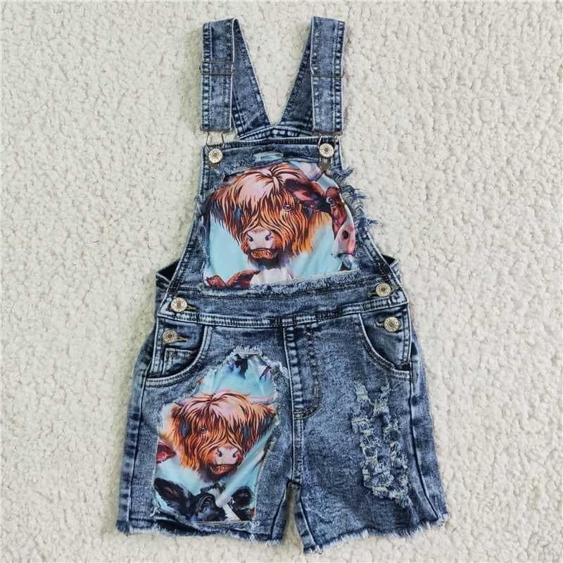 Highland cow overall denim Shorts