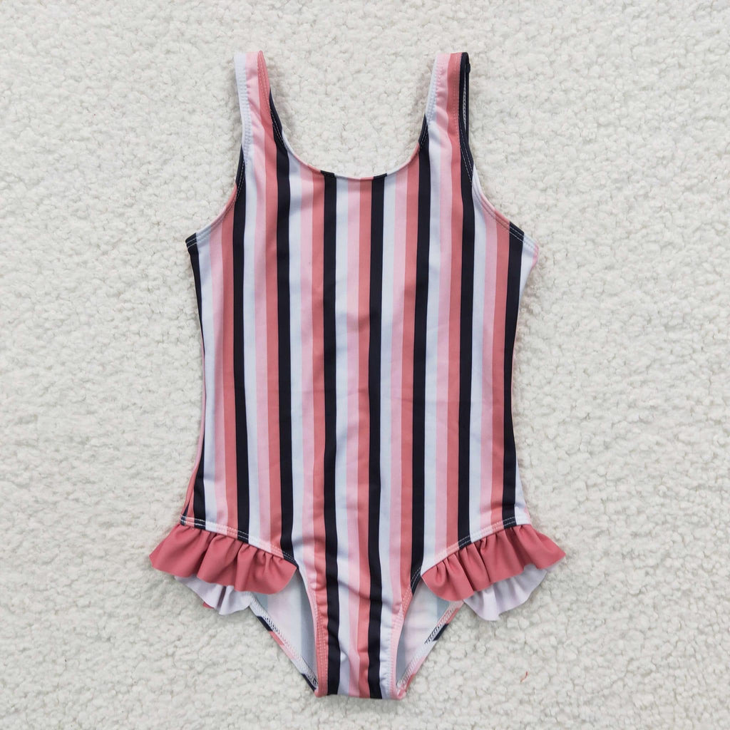 Pink & Black Striped Swim Suit - Girls